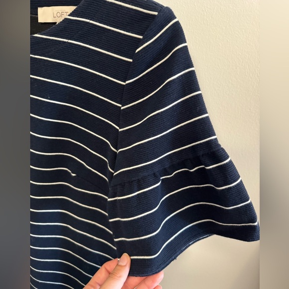 LOFT Short Bell Sleeve Navy Blue and White Striped Dress - Picture 2 of 3